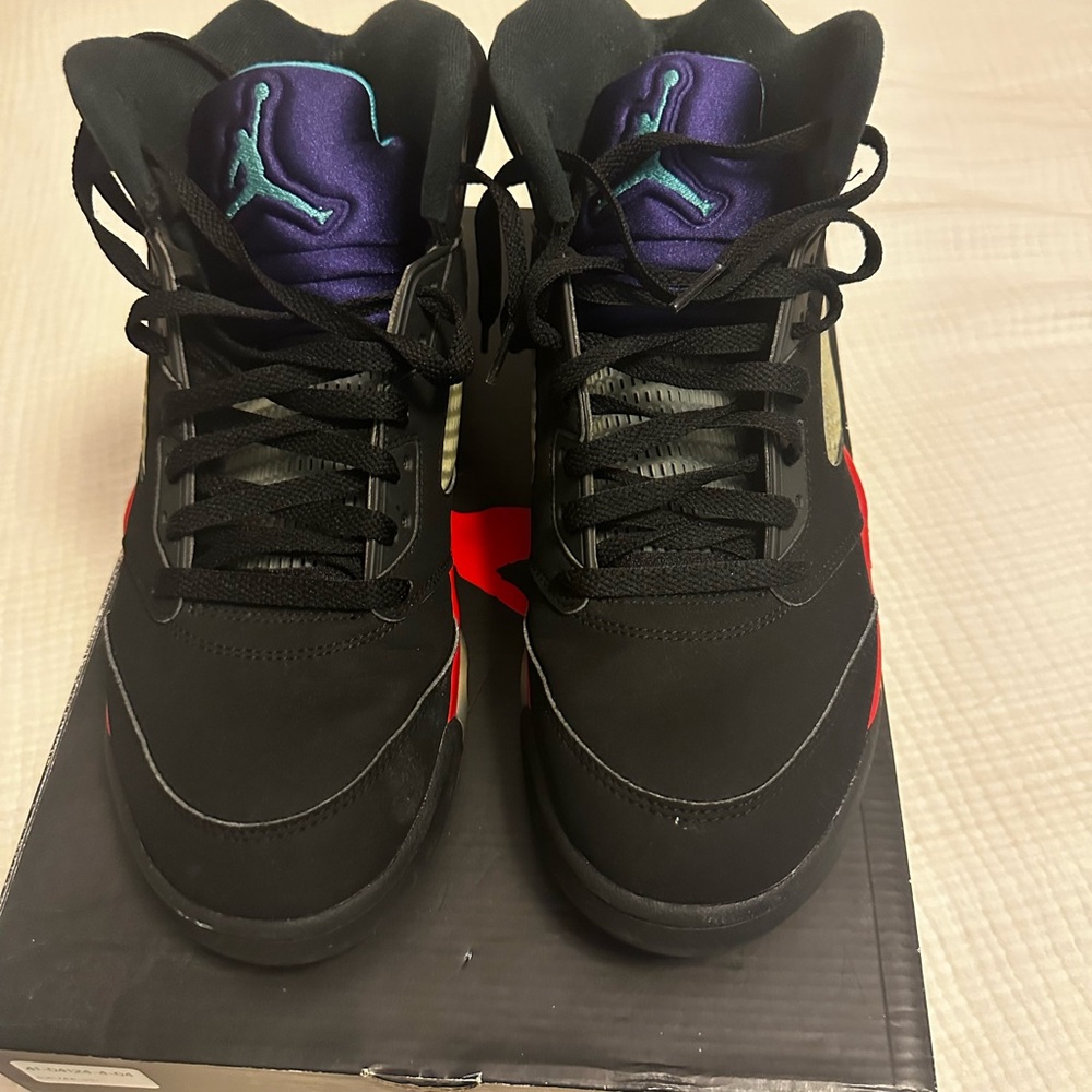 Jordan Black Basketball Sneakers with Purple Tongue and Teal Jumpman